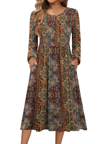 Zeagoo Winterkleider Damen Kleid Langarm Herbstkleid Elegant Strickkleid | Rundhals Lockeres MidiKleid | Tunikakleid mit Taschen | A-Linie Midi Kleid | Tunikakleid | Herbst Winter | Z-Farbe D L