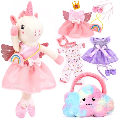 hahaland Plüschtier Einhorn Spielzeug ab 3-8 Jahre, Weiche Ballett Unicorn Stoffpuppe Kuscheln,Einhorns Kuscheltier Set mit 3er-Kleidungsset zum Anziehen, Einhorn Geschenke für Mädchen 3 4 5 6 7 Jahre