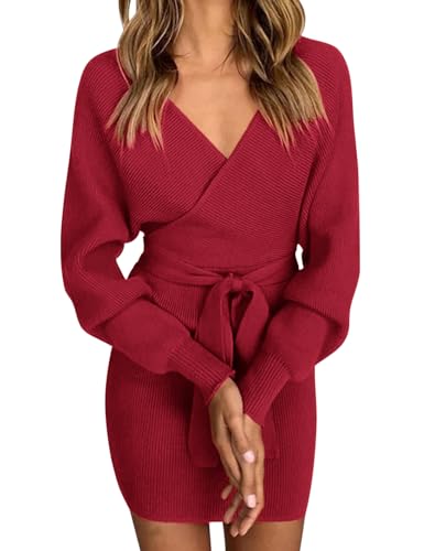 Vancavoo Strickkleid Damen Pulloverkleid V-Ausschnitt Elegant Langarm Pullover Winterkleid Strickpullover Kleid Bodycon Minikleid Sexy Rückenfrei Tunika Kleid Mit Gürtel für Herbst Winter,Rotwein S