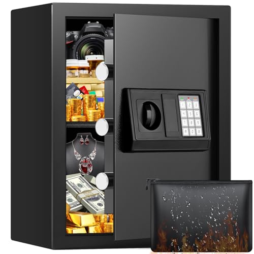 50L Großer Safe Tresor für Zuhause, Safe Tresor Feuerfest Wasserdicht mit Schlüssel, Zahlenschloss, Möbeltresor Feuerfester mit Intelligente Alarme, Wandtresor für Gold Schmuck Dokumente