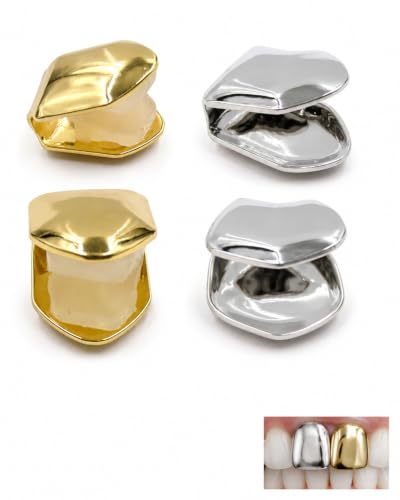 UEAVOID 4 Stück Grillz Zähne, 2 Gold 2 Silber Goldzahn-Clip, Quick-Fit mit weichen Soft-Cover Kanten, Sicherer Halt für Halloween-Partys & Rap-Festivals