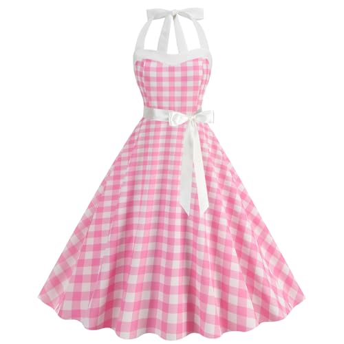 maxToonrain Damen 50er Kleider Gepunktet 1950er Vintage Cocktail Party Abendkleid 50er Festkleid für Erwachsene, Plaid rosa, M