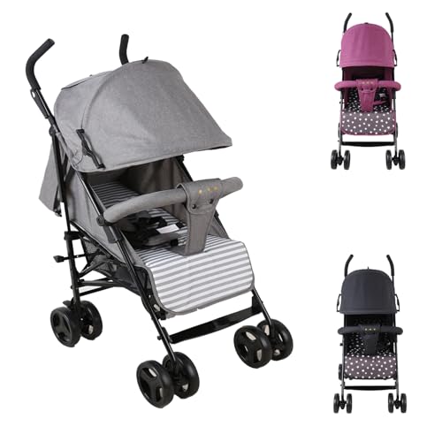 SAYOYO Buggy Faltbar für 6 Monate bis 15 kg, Leichter Reisekinderwagen mit Verstellbarer Rückenlehne, Erweitertem Sonnenverdeck, 5-Punkt-Gurt & Großem Einkaufskorb, Grau