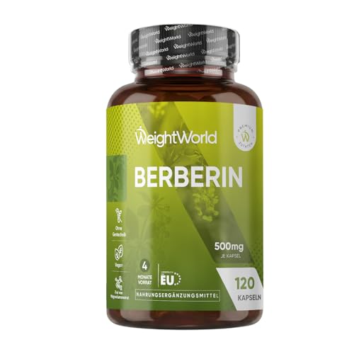 Berberin Kapseln - 4 Monate Vorrat - 120 vegane Berberin 500 mg Kapseln - Berberin 85% (Quelle: Berberis aristata) - 1 Kapsel pro Tag - Frei von Magnesiumstearat - Von WeightWorld