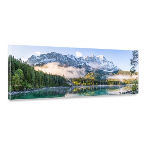 BilderKing Bergpanorama Leinwand - Eibsee, Zugspitze - als 150x50cm großes XXL Leinwandbild. Wandbild als Hintergrund und Deko für Wohnzimmer & Schlafzimmer. Aufgespannt auf Holzrahmen