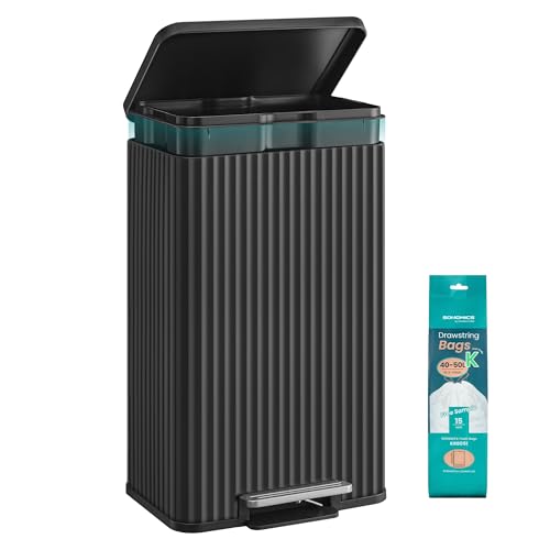 SONGMICS Mülleimer Küche, 50 Liter, Abfalleimer mit Pedal, Tretmülleimer mit Deckel, Softclose, Inneneimer herausnehmbar, Stahl, inklusive 15 Müllbeutel (Code K), tintenschwarz LTB586BZ02