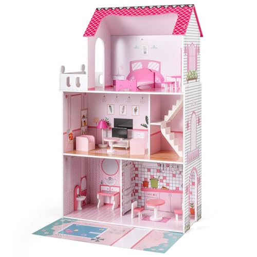 FANTASK Holz Puppenhaus 120,5 cm Hoch, Puppenvilla mit 3 Etagen & 17 Möbelstücken, Spielhaus für Mädchen und Jungen ab 2 Jahren, 73 x 34 x 120,5 cm (Rosa)