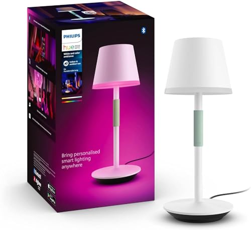 Philips Hue White & Color Ambiance Go Tragbare Tischleuchte (530 lm), dimmbare LED Leuchte für das Hue Lichtsystem mit 16 Mio. Farben, smarte Lichtsteuerung über Sprache oder App, weiß