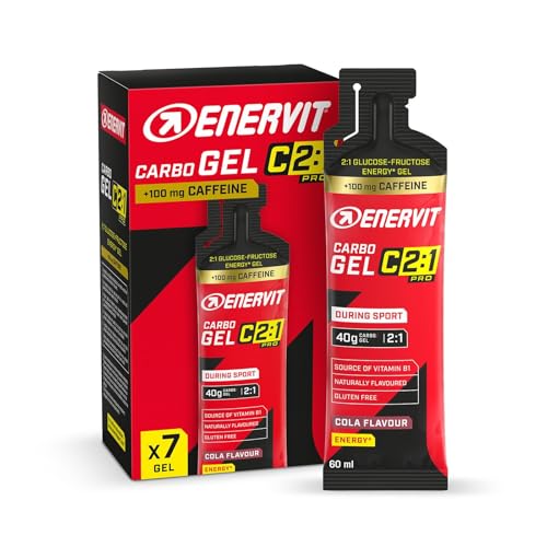Enervit Carbo Gel C2:1PRO mit Koffein – Energie Gel mit 40 g Kohlenhydraten, 50 % schneller absorbierte Kohlenhydrate, Cola-Geschmack, Vegan, Glutenfrei, Leichtverdaulich, 7 Packungen à 60 ml