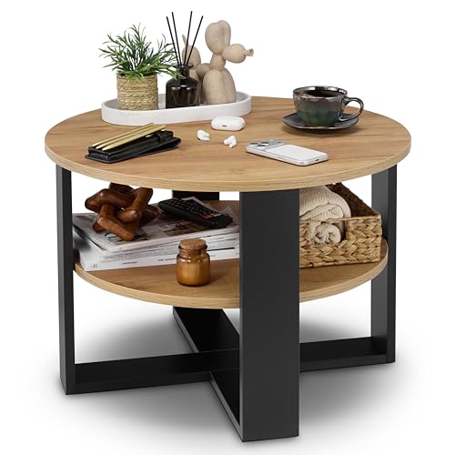 defiPad Couchtisch rund Eiche Ø70 cm - Beistelltisch mit Ablage - 2 Ebenen, runder moderner Kaffeetisch im Industrial Design - Hergestellt in der EU