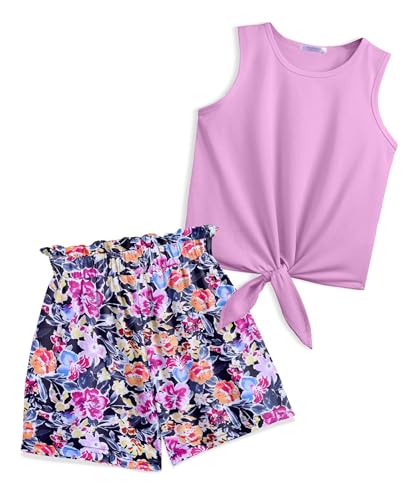 Arshiner Mädchen Tanktops mit Shorts Set Kinder Sommer Bekleidungssets Lässige Mode Ärmelloses T-Shirts Kleidung Anzug für Mädchen 8-9 Jahre Violette & Blume