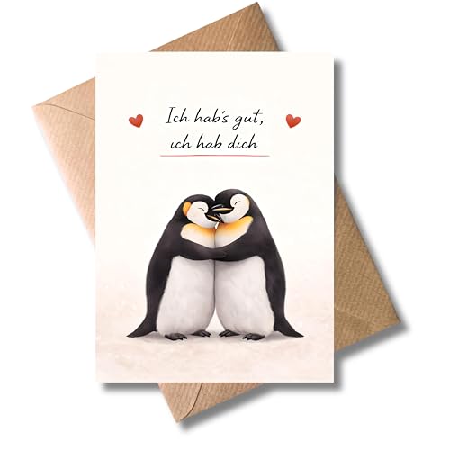 WBdesignz Pinguinkarte mit Umschlag - süße Karte mit zwei umarmenden Pinguinen & Spruch „Ich hab’s gut, ich hab dich“ - perfekte Dankeskarte, Geburtstag, Valentinstag für Freunde & Partner (DIN A6)