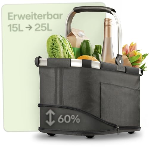 Praknu Einkaufskorb Faltbar Klein – 2 in 1 Erweiterbar 15L auf 25L – Abnehmbarer & Waschbarer Bezug – Stabil mit Alurahmen & Verstärktem Boden – Extra Fächer Innen & Außen – Tragekorb – Schwarz