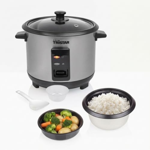 Tristar Reiskocher, 1 L Kapazität für bis zu 5 Portionen, Edelstahlgehäuse, Antihaft-Innentopf, Dampfeinsatz, Warmhaltefunktion, 400 W, RK-6144