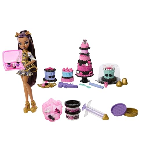 Monster High Scary Sweet Birthday Tortenset mit Clawdeen Wolf-Puppe, Spielset zum Tortendekorieren mit über 20 Zubehörteilen wie schaurigem Zuckerguss, Pipette und mehr, JBG78