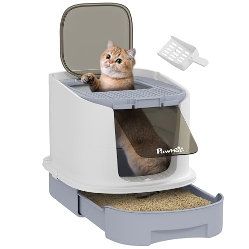 PawHut Katzenklo mit Deckel Katzentoilette mit Obenliegender Eingang Schaufel ausziehbares Tablett Geruchskontrolle Katzentoilette für Katzen bis 4,5 kg, 40,5 x 52,5 x 42,5 cm Grau