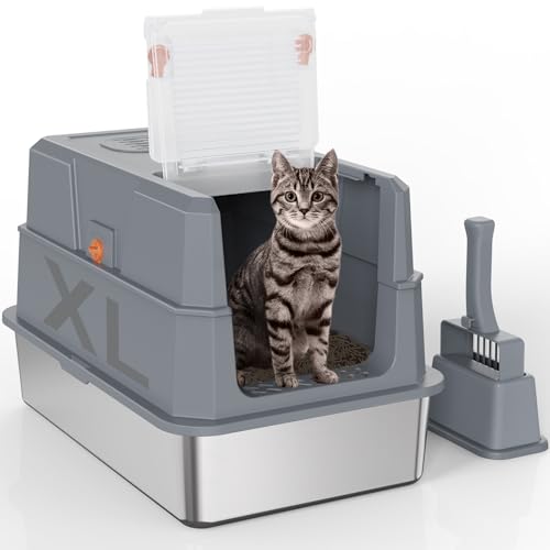SZEE XL Edelsthal Katzenklo mit 180° Klappdeckel, Große Geschlossene Katzentoilette Edelstahl mit Deckel, Stainless Steel Cat Litter Box with Scoop-58,3x37,1x37,5cm, Dunkelgrau
