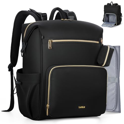Lekesky Wickelrucksack Groß, Baby Wickeltasche Rucksack mit Wickelunterlage & Kinderwagengurten, Multifunktionaler Diaper Bag mit Schnullerhalter & Diebstahlschutz-Fach für Mama und Papa, Schwarz