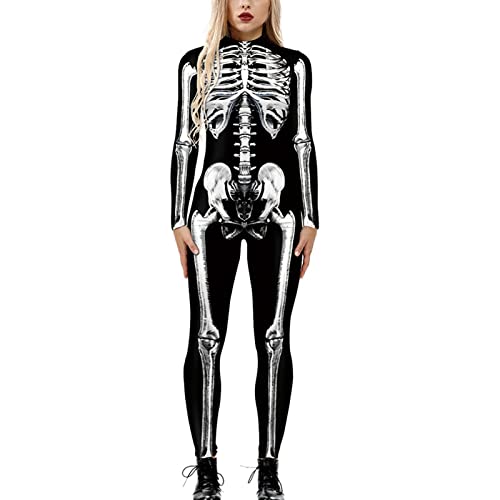 2025 Skelett Kostüm Damen Herren Halloween Skelett Body Jumpsuit 3D Print Langarm Skinny Skeleton kostüme Cosplay Anzug Overall Bodysuit