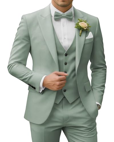 SPTALLFITJSV Herren 3-teiliger Anzug Slim Fit Peak Lapel 2-Knopf Blazer Jacke Weste Hose Set Hochzeit Business Abiball Party Anzug, Dusty Green, XL