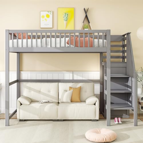 YESGIGA Hochbett 90x200 mit Treppe, weißes Kinderbett aus Holz mit Aufbewahrungsregal, einfacher Kleiderschrank (90x200cm) (Grau, 90x200cm)