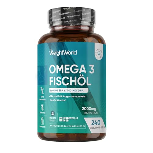 Omega 3 Weichkapseln - 2000mg Fischöl mit 1100mg Omega-3, 660mg EPA & 440mg DHA pro Portion - 240 Omega 3 weich Kapseln - Fish Oil - Frei von Gluten, Gentechnik, Laktose - WeightWorld