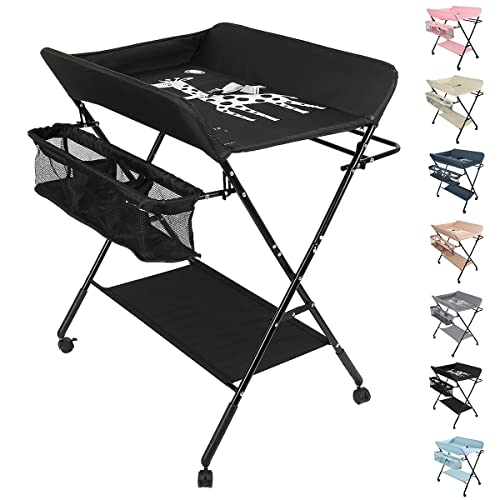 OHMG Baby Wickelkombi Klappbare Wickelkommode,Wickeltisch mit Rollen,Mobiler Wickeltisch mit Wickelauflage,Sicherheitsgurt und Ablagefächern,Wasserdicht und Höhenverstellbar,Stabil