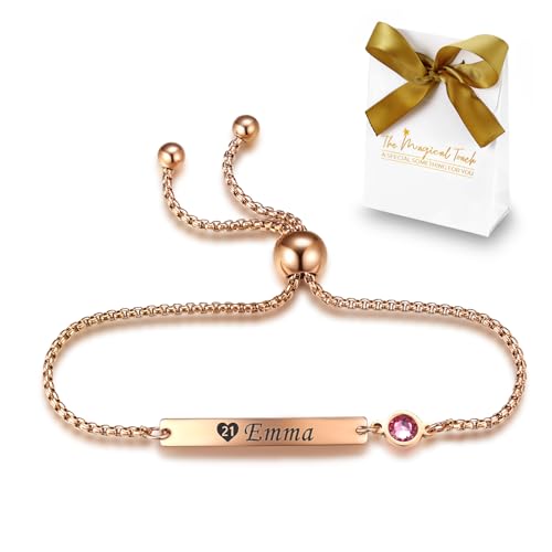 TMT Personalisiertes Geburtsstein Armband mit Gravur | Silber Rose-gold | mit namen für Frauen und Mädchen Identitätsarmband Namensarmband BFF Bridesmaid Geburtstag Geschenk