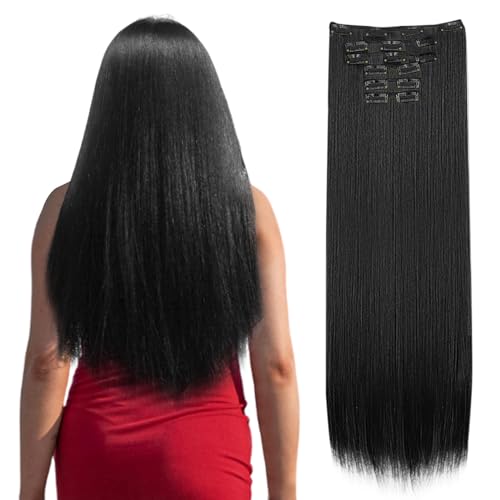EUPSIIU Clip in Extensions Echthaar Tief Schwarz Pechschwarz Seidig Gerade Nahtlos Haut Schuss Tape in Haarverlängerungen Unsichtbar Gerade Glatt Nahtlos Genäht Clip in Haarverlängerung (Schwarz)
