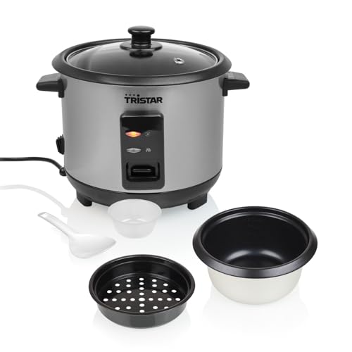 Tristar Reiskocher, 1 L Kapazität für bis zu 5 Portionen, Edelstahlgehäuse, Antihaft-Innentopf, Dampfeinsatz, Warmhaltefunktion, 400 W, RK-6144
