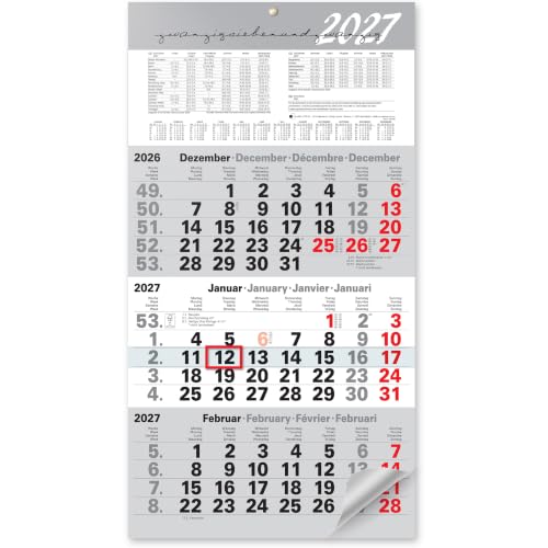3 Monatskalender 2027 Wandkalender mit Schieber – Kalender 2027, 3 Monate auf einen Blick, Jahresübersicht, Feiertage & Schulferien DE/AT, Bürokalender 56 × 30 cm
