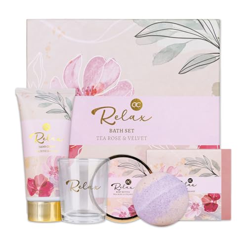 Accentra Bade- und Pflegeset RELAX in schöner Geschenkbox, 5tlg. Wellness - Geschenkset für Frauen beinhaltet Körperbutter, Seife, Handcreme, Badebombe und Duftkerze, Duft: Tea Rose & Velvet