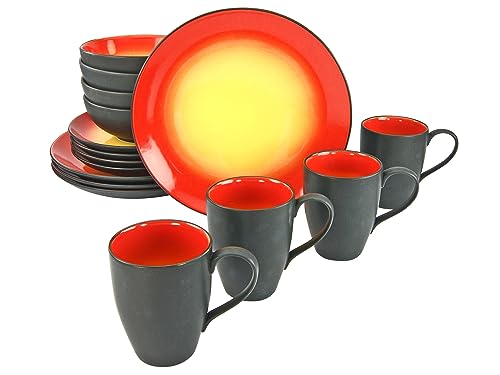 CreaTable, 20200, Serie HOT RED, 16-teiliges Geschirrset für 4 Personen, Kombiservice aus Steinzeug, spülmaschinen- und mikrowellengeeignet, Qualitätsproduktion