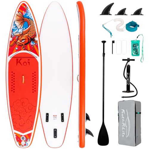 FunWater 320CM&350CM Stand Up Paddle Board Mit Vollem Zubehör Paddleboard SUP Board Mit Verstellbares Paddel, Pumpe, Reiserucksack, Leine, wasserdichte Tasche (335CM KOI-ROT Elite)