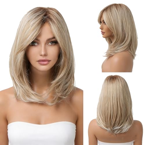 KOSLEOW Damen Perücke Blonde 40cm Mittellange mit Verstellbarer Haarnetz, Perücke Blond mit Mittelscheitel für Täglichen Gebrauch und Cosplay