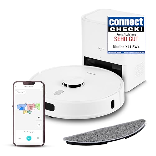 MEDION Saugroboter mit Absaugstation, Lasernavigation und Wischfunktion X41 SW+ (Starke 8000Pa Saugkraft, 2in1 Roboterstaubsauger, präzise Kartenerstellung, Go & No Go Bereiche, mehrere Etagen)