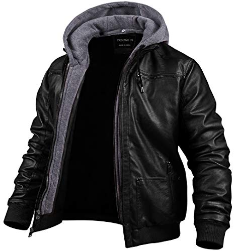 CREATMO US Herren Kunstlederjacke Motorradjacke Wasserdicht Winddicht PU Moto Vintage Bomber Hoodie mit Abnehmbarer Kapuze, Schwarzes Licht, L
