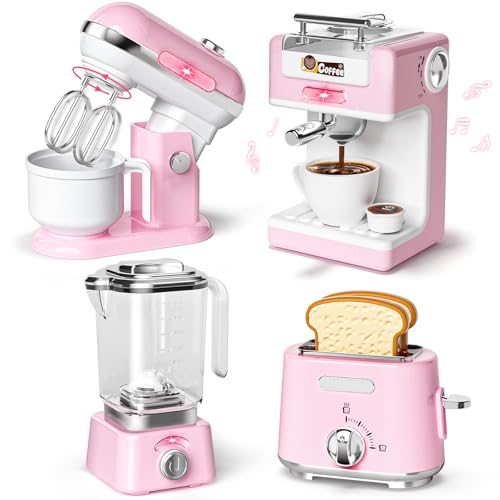 Toyssa Kinder Küchengeräte Set mit Kaffeemaschine Mixer Toaster Rührgerät, Zubehör Spielküche mit Licht und Sound, Kinderküche Zubehör Spielzeug Geburtstag Geschenk Mädchen Junge 3 4 5 6 7 8 Jahre