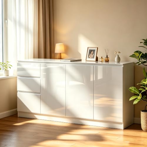 Wumagin Kommode 140 cm, Hochglanz Kommode mit Schubladen und Türen für Schlafzimmer, Wohnzimmer, Flur (Weiß)