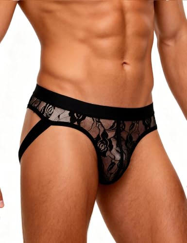 ohyeahlady Jockstrap Männer Gay Unterwäsche Herren Sexy Hinten Offen Spitze String Tanga Große Größen Sissy Dessous Mesh Unterhosen Stretch Slip Pouch Underwear mit Elastische Bund Schwarz XL