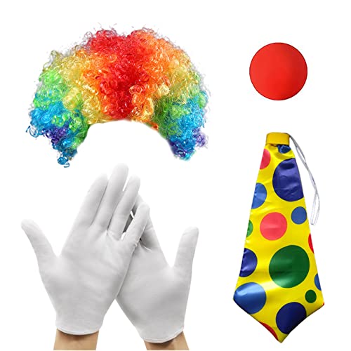 MIVAIUN 4 Stück Clown Kostüm Set Clown Kostüm Accessoire Clown Verkleiden Regenbogen Clown Lockenperücke Clown Nase Handschuhe Bunte Krawatte für Halloween Cosplay Party Karneval Zirkusshow (4 Stück)