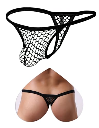 ohyeahlady Herren String Tanga Netz Slip Sexy Unterwäsche Große Größen Dessous Mesh Unterhose Transparent Thong T-Back Unterhose Elastizität G-String Low Rise Höschen Schwarz M