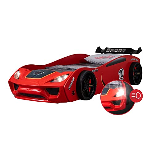 Coemo Kinder Autobett Dream Racer Kinderbett 90x200 im Rennwagen Design mit LED Beleuchtung und Lattenrost für Jungen und Mädchen - Betten Farbe Rot - Rennbett