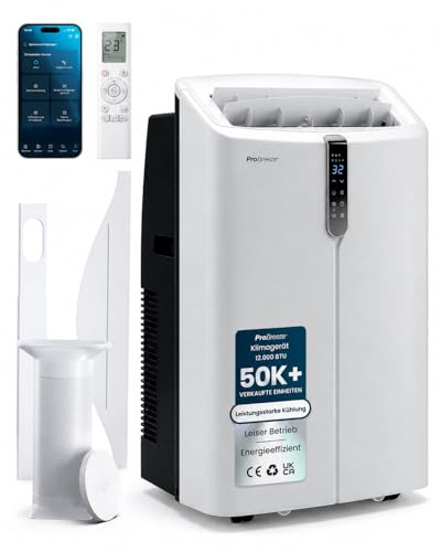 Pro Breeze Mobile Klimaanlage 12000 BTU Ultra Leise <50dB mit Abluftschlauch & Fensterabdichtung – Mobiles Klimagerät bis 50m², WLAN App, Entfeuchter, Ventilator
