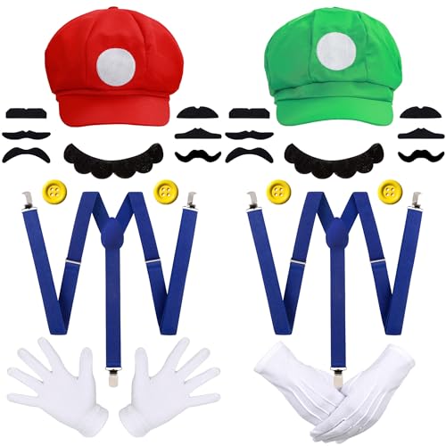iZoeL Rote und Grüne Hüte Kappen Schnurrbärte Handschuhe Knöpfe Hosenträger Cosplay Kostüm Accessorie für Faschingkostüme Damen Herren Halloween Outfits Karneval Kostüm