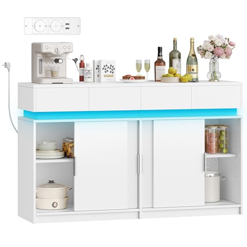 Hzuaneri Sideboard mit 4 Schubladen, Küchenschrank mit 4 Schiebetüren, Buffetschrank mit Steckdosenleiste und LED-Licht, verstellbares Regal, Küche, Wohnraum, 40 x 140 x 85 cm, Weiß SC00403XEU