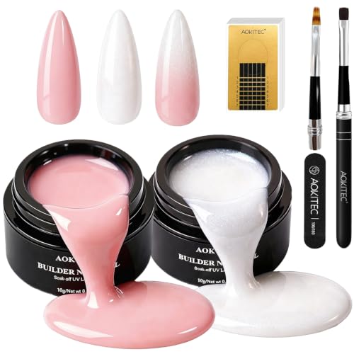 Aokitec Aufbaugel Set Rosa & Milchweiß Glitzer mit Pinsel und Schablonen