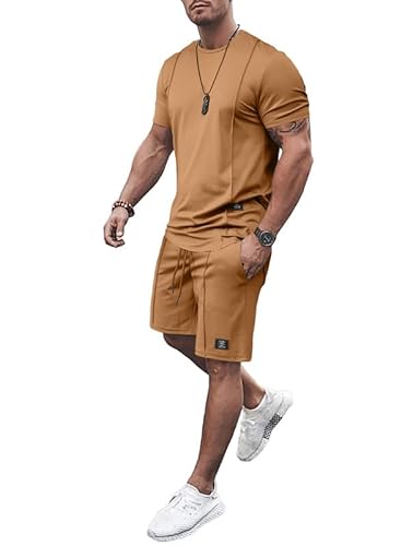 JMIERR T Shirt mit Short 2 Piece Sommer Trainingsanzug Set mit Taschen 2023 Baggy Freizeitanzug und Kurze Hose Regular Fit,Khaki M