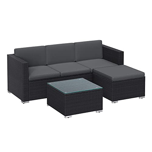 SONGMICS Gartenmöbel-Set, Balkonmöbel aus PE-Polyrattan, Terrassenmöbel, Ecksofa, Outdoor, handgeflochtenes Rattan, Lounge-Set, mit Kissen und Glastisch, schwarz-grau GGF005B04