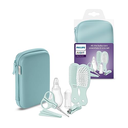 Philips AVENT Babypflege-Set – Starter-Set mit 9 Zubehörteilen: Nagelknipser, Schere, 3 Nagelfeilen, Kamm, Haarbürste, Nasensauger und Fingerzahnbürste (Modell SCH401/00)
